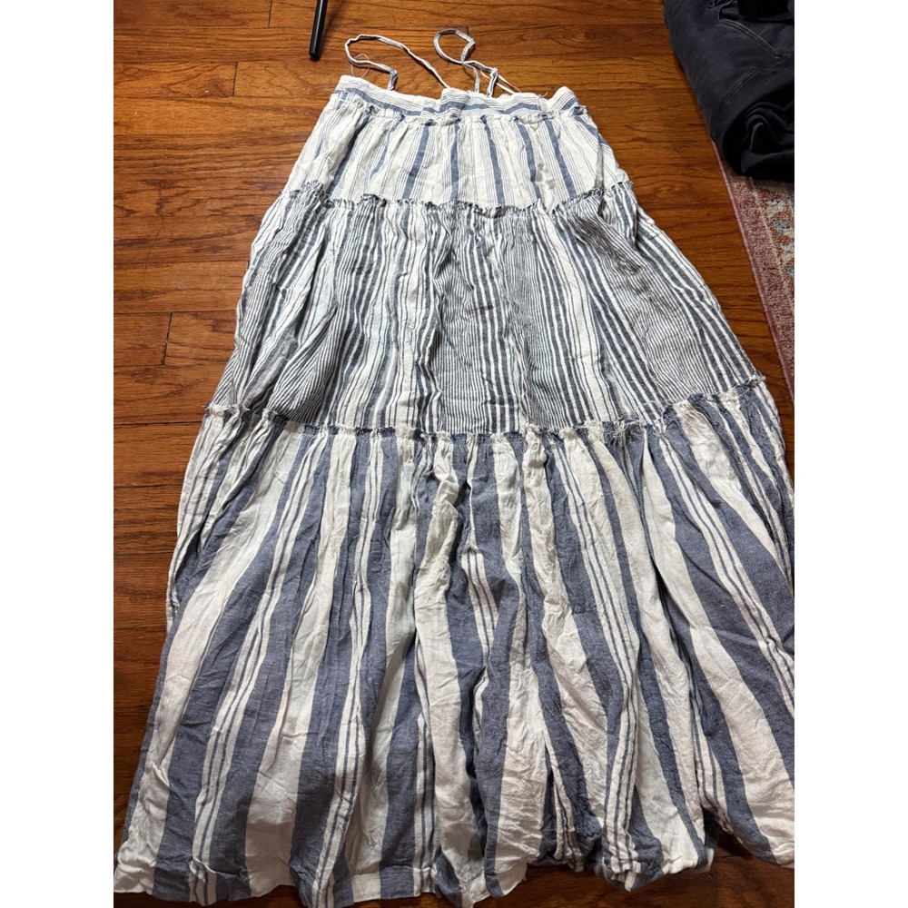 J.Crew Blue White Striped Tiered Linen Blend Maxi Skirt Smocked Waist M